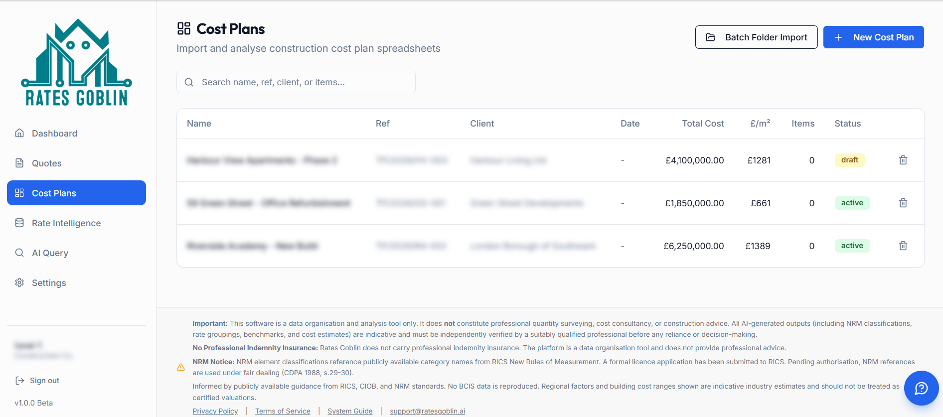 Rates Goblin cost plans showing project cost breakdowns with client, total cost, and status