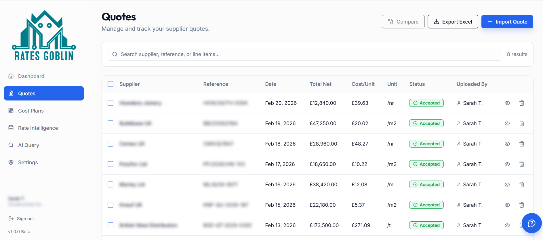 Rates Goblin quotes management showing supplier quotes with status, costs, and comparison tools